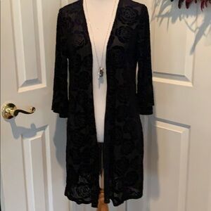 Black sheer kimono with floral velvety accents